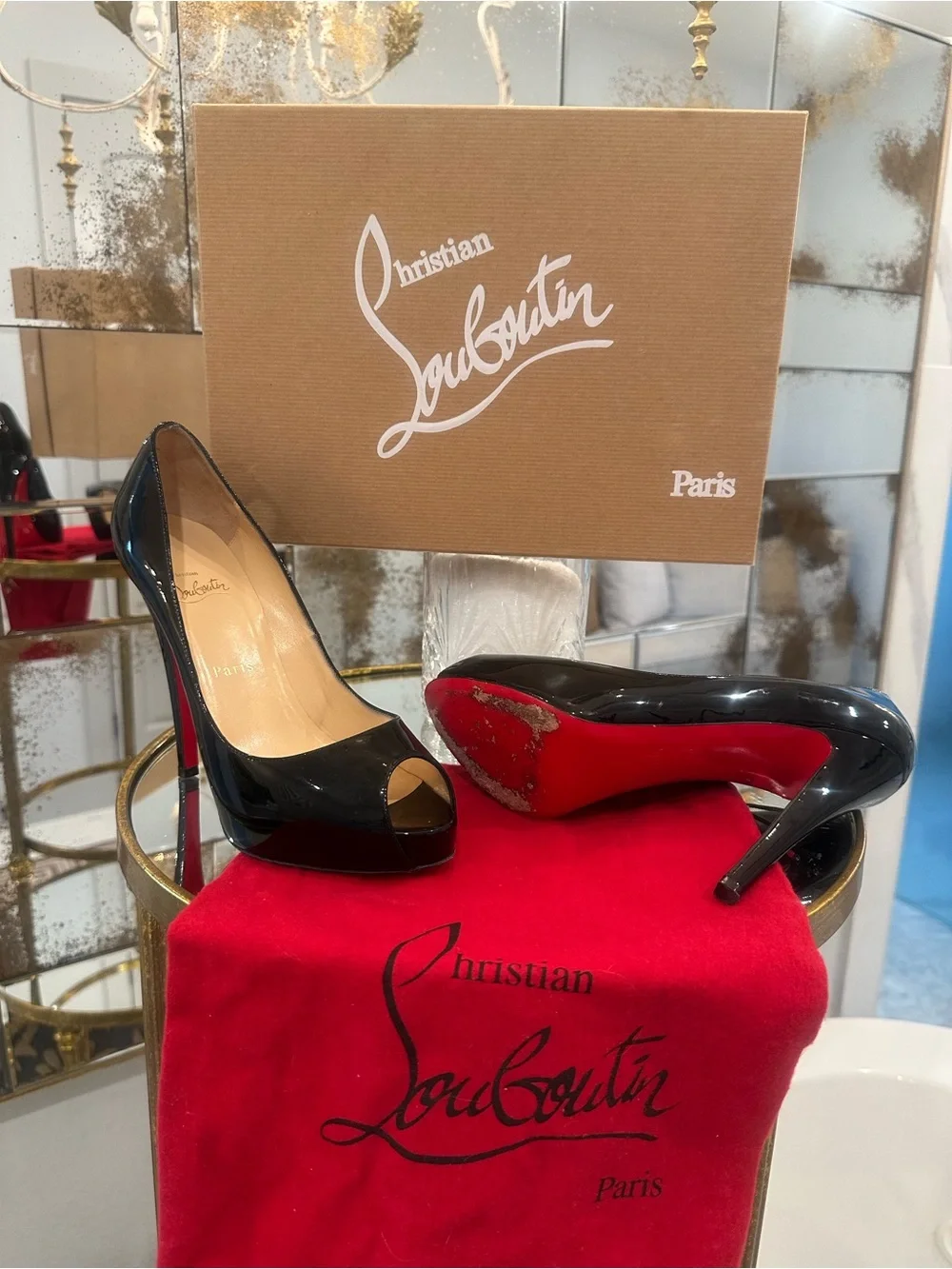 Christian Louboutin Black Patent Peep-Toe Pumps with Red Sole
